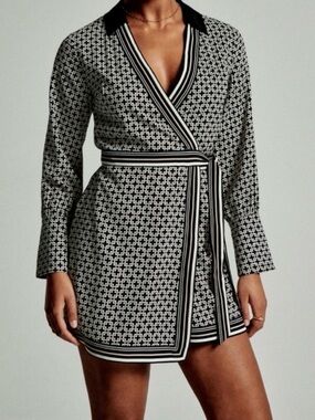 Black and White Geometric Wrap Mini Dress